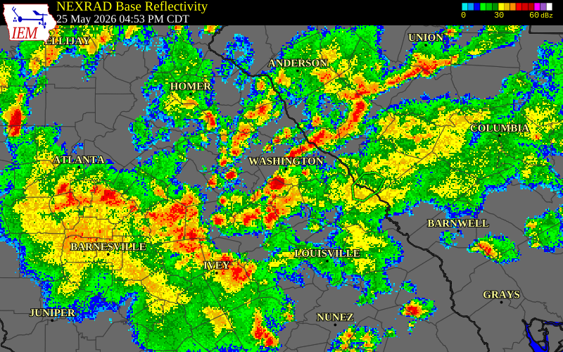 NEXRAD radar during the Monday, May 25, 2026 storm activity in Wilkes County, Georgia
