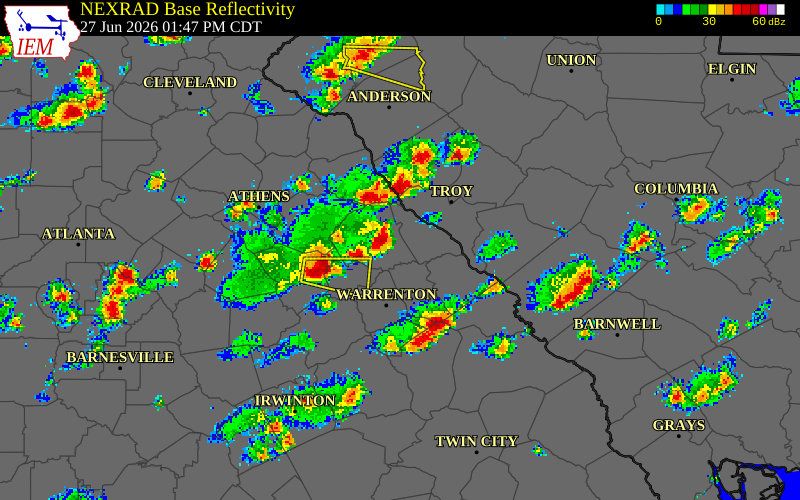 NEXRAD radar during the Saturday, June 27, 2026 storm activity in Wilkes County, Georgia