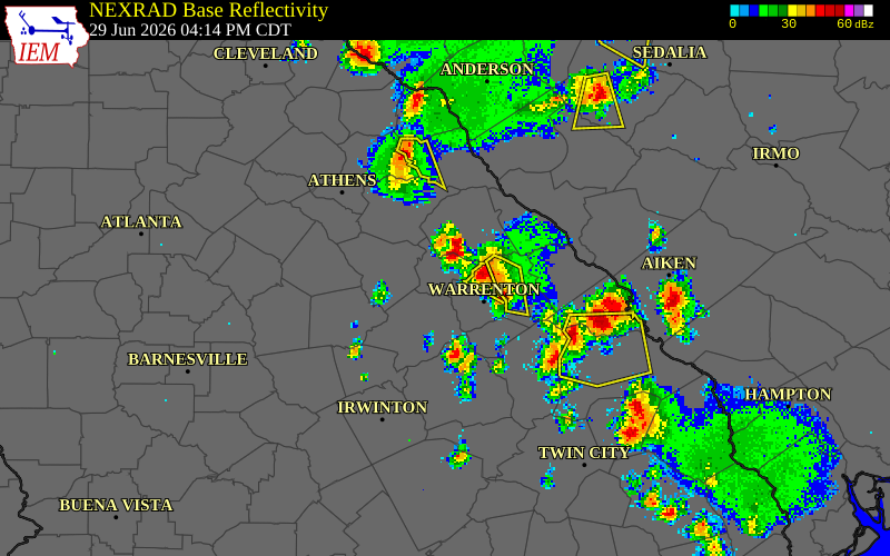 NEXRAD radar during the Monday, June 29, 2026 storm activity in Wilkes County, Georgia