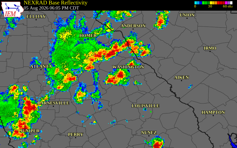 NEXRAD radar during the Wednesday, August 5, 2026 storm activity in Wilkes County, Georgia