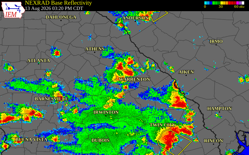 NEXRAD radar during the Thursday, August 13, 2026 storm activity in Wilkes County, Georgia