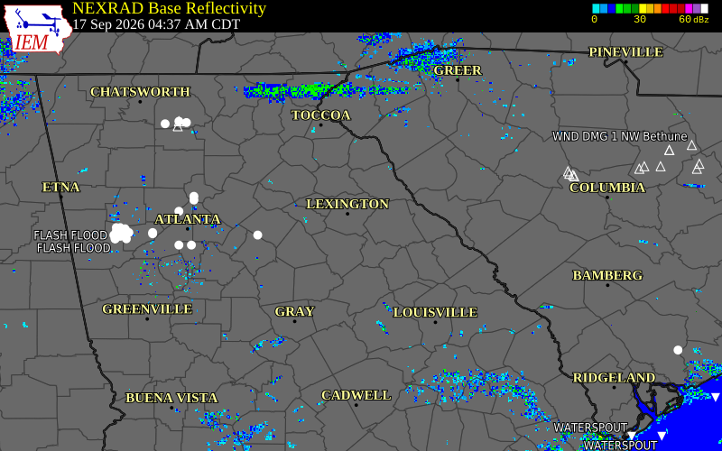 Current NEXRAD radar over Wilkes County, Georgia with recent storm report locations