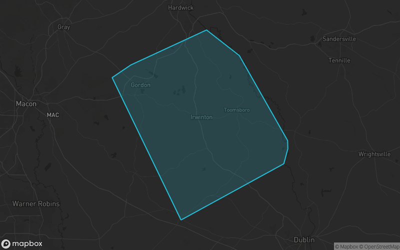 Map of Wilkinson County, Georgia showing the county boundary and surrounding cities
