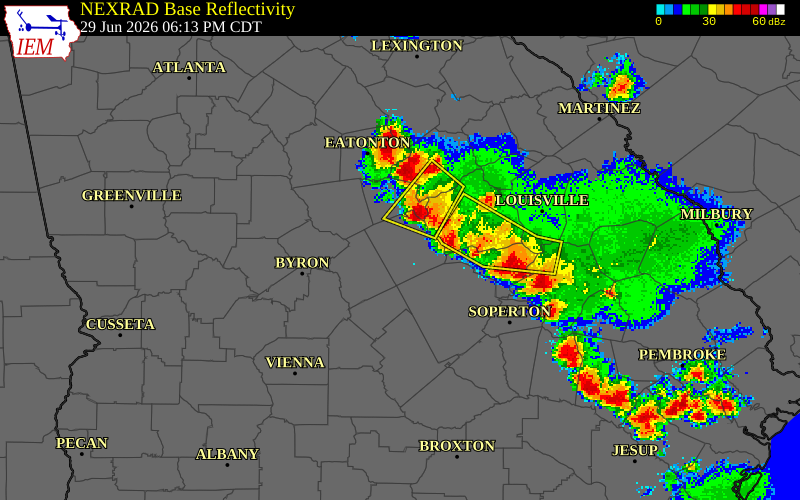 NEXRAD radar during the Monday, June 29, 2026 storm activity in Wilkinson County, Georgia