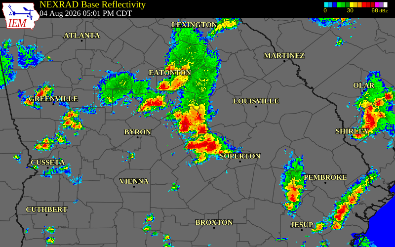 NEXRAD radar during the Tuesday, August 4, 2026 storm activity in Wilkinson County, Georgia