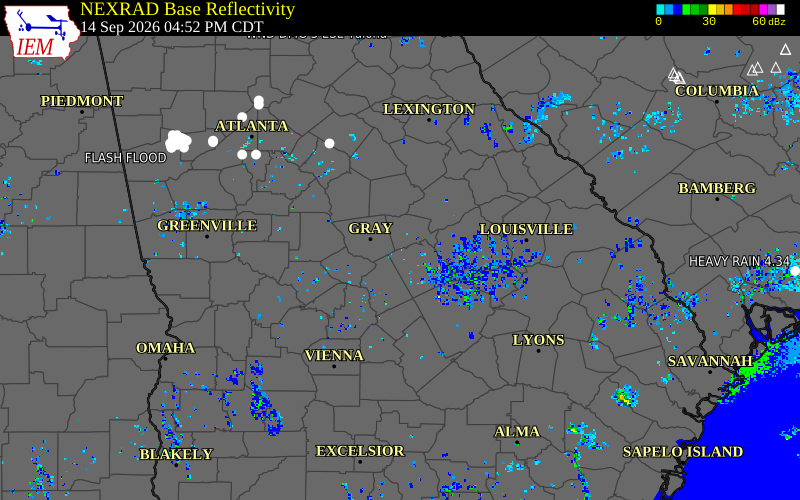Current NEXRAD radar over Wilkinson County, Georgia with recent storm report locations