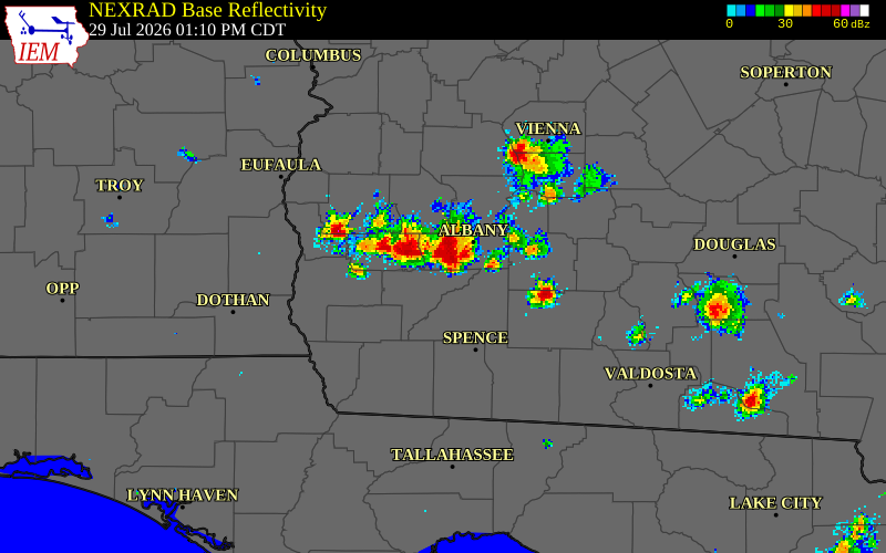 NEXRAD radar during the Wednesday, July 29, 2026 storm activity in Worth County, Georgia