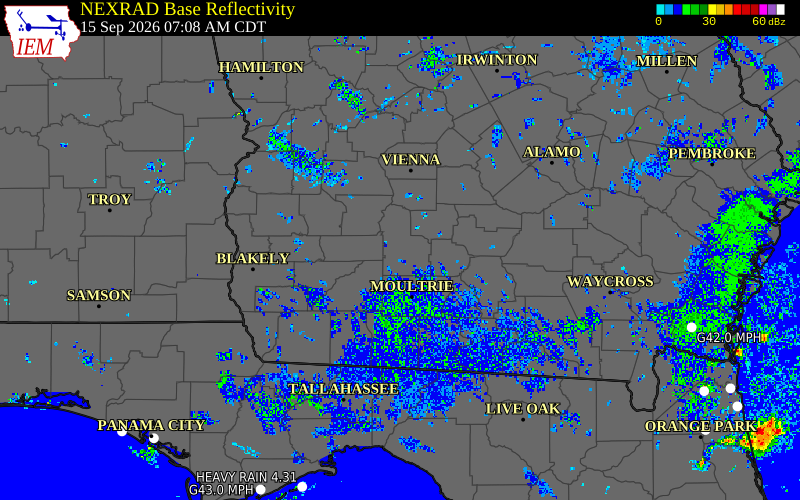 Current NEXRAD radar over Worth County, Georgia with recent storm report locations