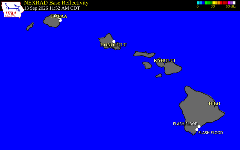 Current NEXRAD radar across Hawaii with recent storm report locations