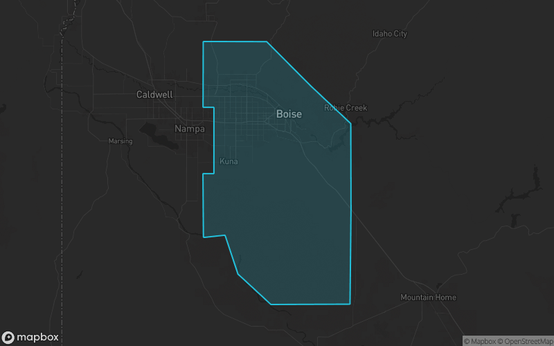 Map of Ada County, Idaho showing the county boundary and surrounding cities
