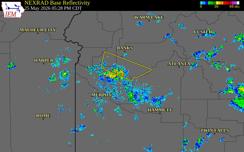 NEXRAD radar during the Monday, May 25, 2026 storm activity in Ada County, Idaho