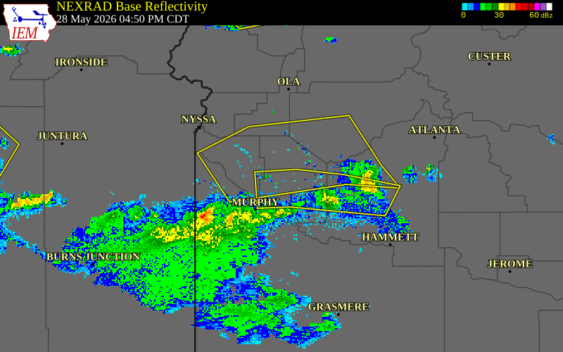 NEXRAD radar during the Thursday, May 28, 2026 storm activity in Ada County, Idaho