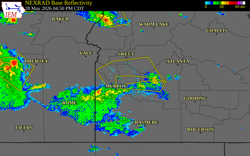 Radar snapshot during the May 28, 2026 wind event near 4 E Kuna, Ada County, Idaho, with NWS warning polygons