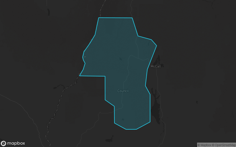 Map of Adams County, Idaho showing the county boundary and surrounding cities