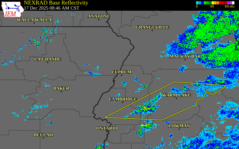 NEXRAD radar during the Wednesday, December 17, 2025 storm activity in Adams County, Idaho