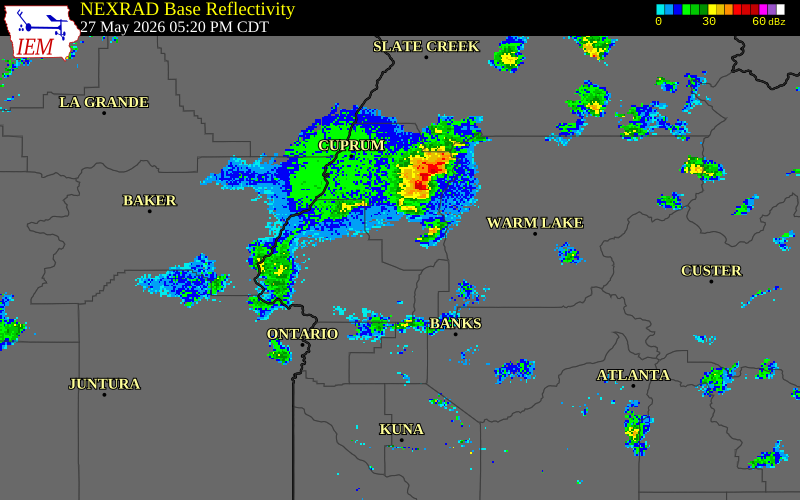 NEXRAD radar during the Wednesday, May 27, 2026 storm activity in Adams County, Idaho