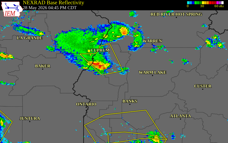 NEXRAD radar during the Thursday, May 28, 2026 storm activity in Adams County, Idaho