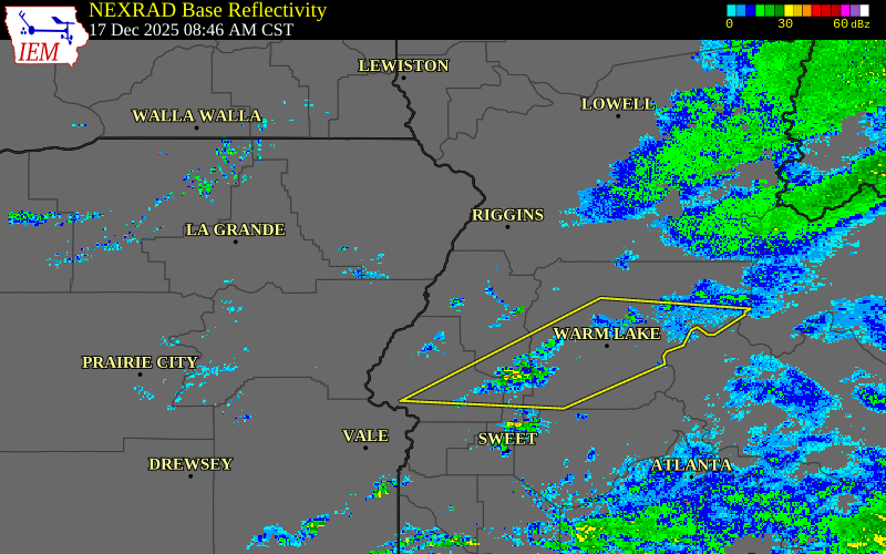 Radar snapshot during the Dec 17, 2025 wind event near 2 WNW Cuprum, Adams County, Idaho, with NWS warning polygons
