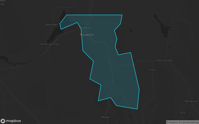 Map of Bannock County, Idaho showing the county boundary and surrounding cities