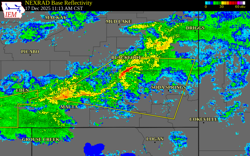 NEXRAD radar during the Wednesday, December 17, 2025 storm activity in Bannock County, Idaho