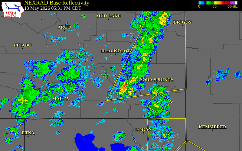 NEXRAD radar during the Wednesday, May 13, 2026 storm activity in Bannock County, Idaho