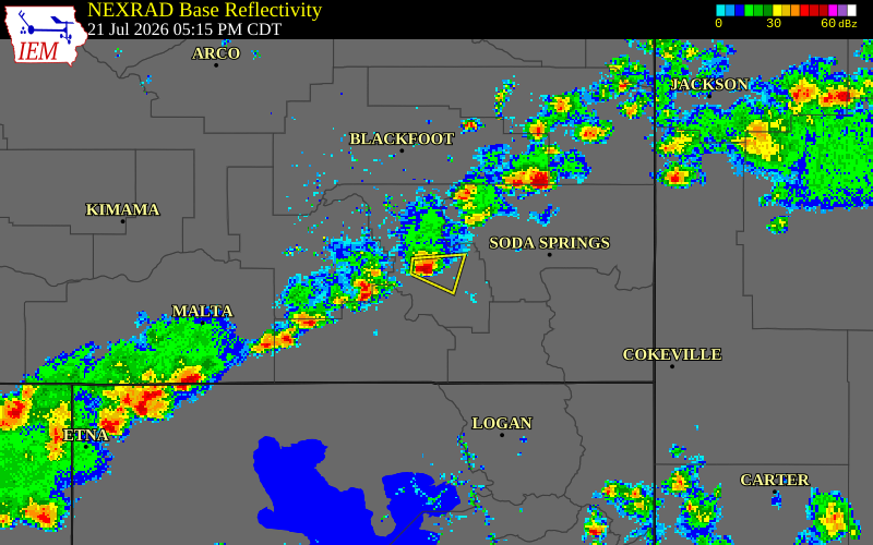 NEXRAD radar during the Tuesday, July 21, 2026 storm activity in Bannock County, Idaho