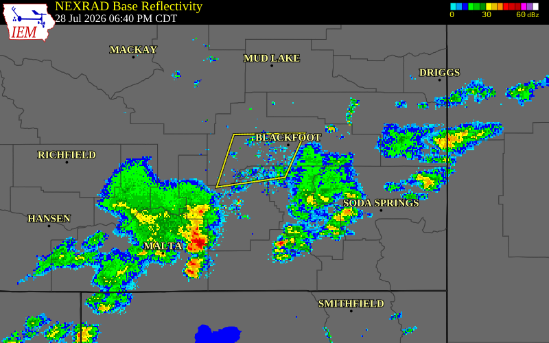 NEXRAD radar during the Tuesday, July 28, 2026 storm activity in Bannock County, Idaho