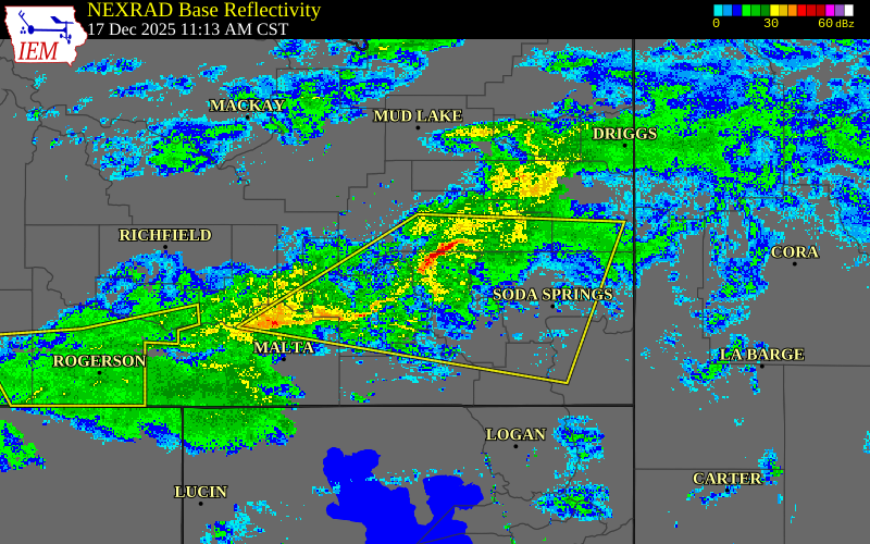 Radar snapshot during the Dec 17, 2025 wind event near 5 ENE Pocatello, Bannock County, Idaho, with NWS warning polygons