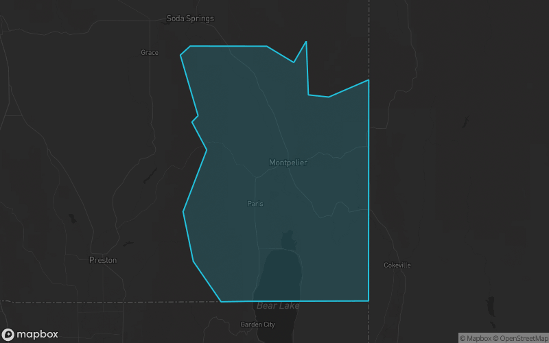 Map of Bear Lake County, Idaho showing the county boundary and surrounding cities