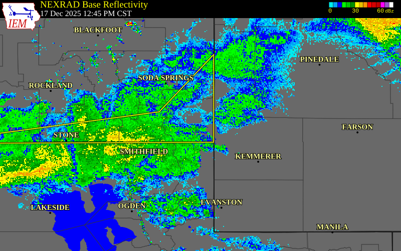 NEXRAD radar during the Wednesday, December 17, 2025 storm activity in Bear Lake County, Idaho