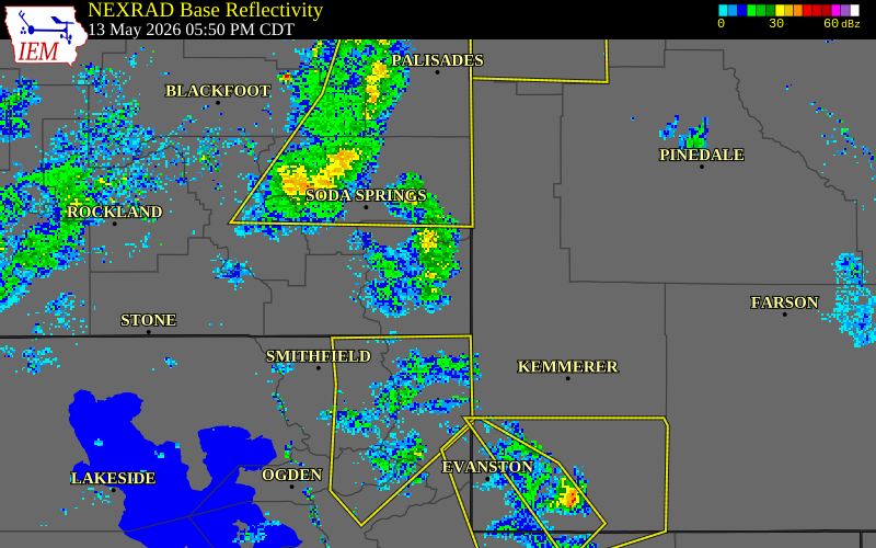 NEXRAD radar during the Wednesday, May 13, 2026 storm activity in Bear Lake County, Idaho