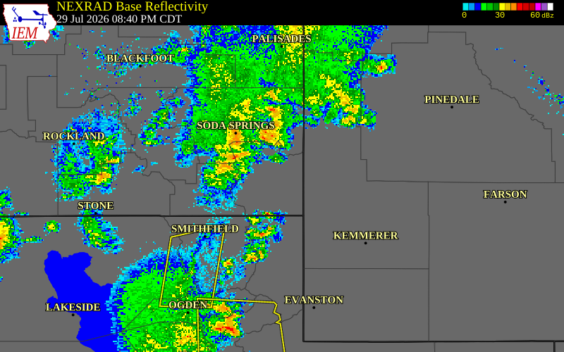 NEXRAD radar during the Wednesday, July 29, 2026 storm activity in Bear Lake County, Idaho