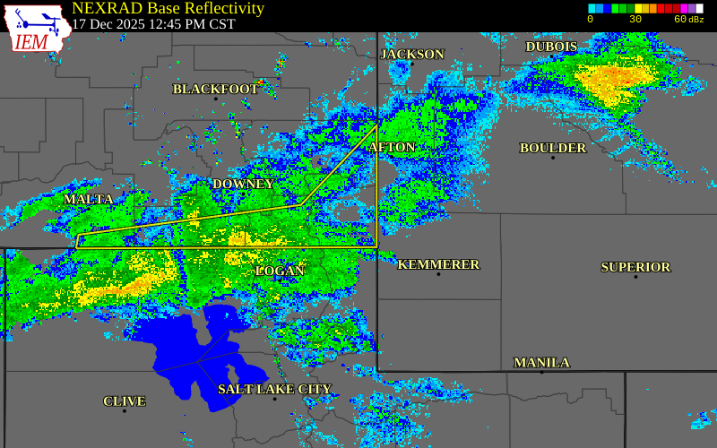 Radar snapshot during the Dec 17, 2025 wind event near 4 SW Alton, Bear Lake County, Idaho, with NWS warning polygons