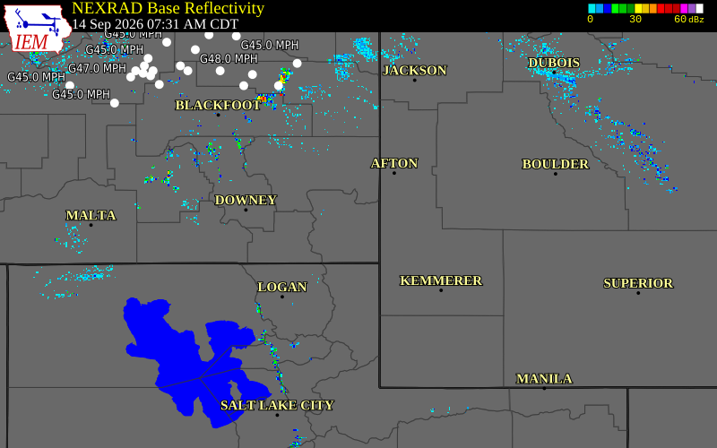 Current NEXRAD radar over Bear Lake County, Idaho with recent storm report locations