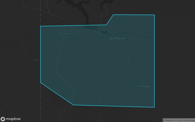 Map of Benewah County, Idaho showing the county boundary and surrounding cities