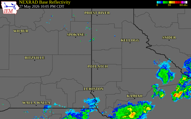 NEXRAD radar during the Wednesday, May 27, 2026 storm activity in Benewah County, Idaho