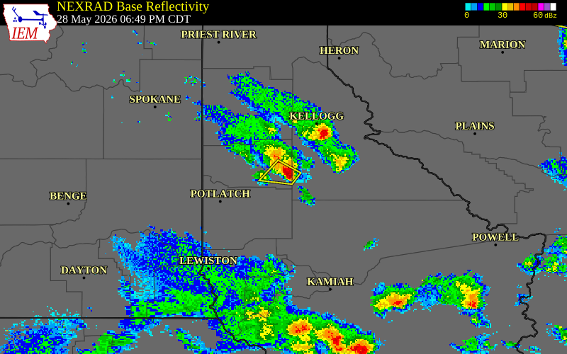 NEXRAD radar during the Thursday, May 28, 2026 storm activity in Benewah County, Idaho