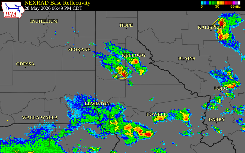 Radar snapshot during the May 28, 2026 hail event near 3 SE Santa, Benewah County, Idaho, with NWS warning polygons