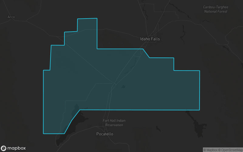 Map of Bingham County, Idaho showing the county boundary and surrounding cities