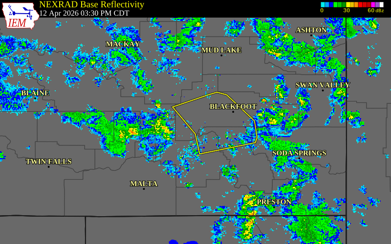 NEXRAD radar during the Sunday, April 12, 2026 storm activity in Bingham County, Idaho