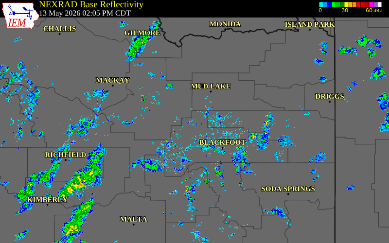 NEXRAD radar during the Wednesday, May 13, 2026 storm activity in Bingham County, Idaho