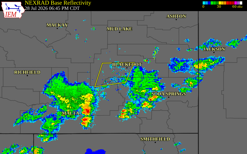 NEXRAD radar during the Tuesday, July 28, 2026 storm activity in Bingham County, Idaho