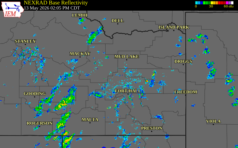 Radar snapshot during the May 13, 2026 wind event near 8 ENE Atomic City, Bingham County, Idaho, with NWS warning polygons