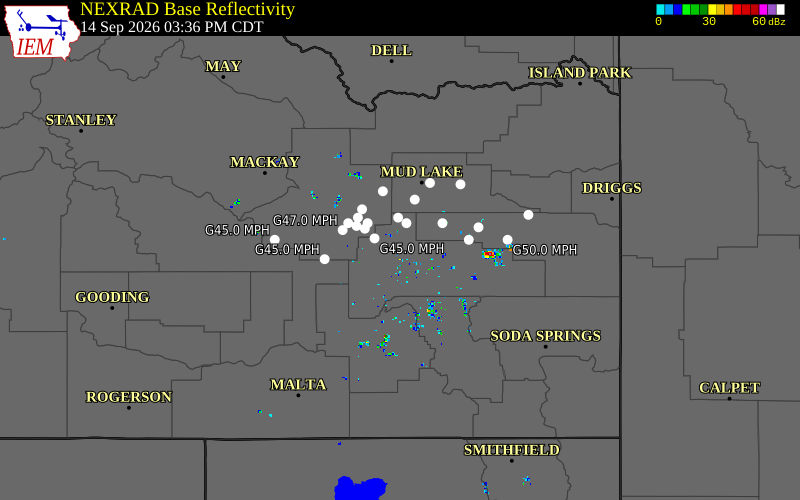 Current NEXRAD radar over Bingham County, Idaho with recent storm report locations