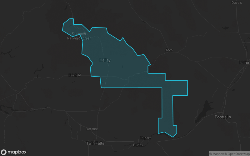 Map of Blaine County, Idaho showing the county boundary and surrounding cities