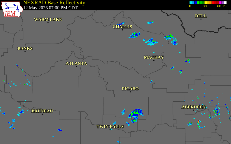 NEXRAD radar during the Tuesday, May 12, 2026 storm activity in Blaine County, Idaho