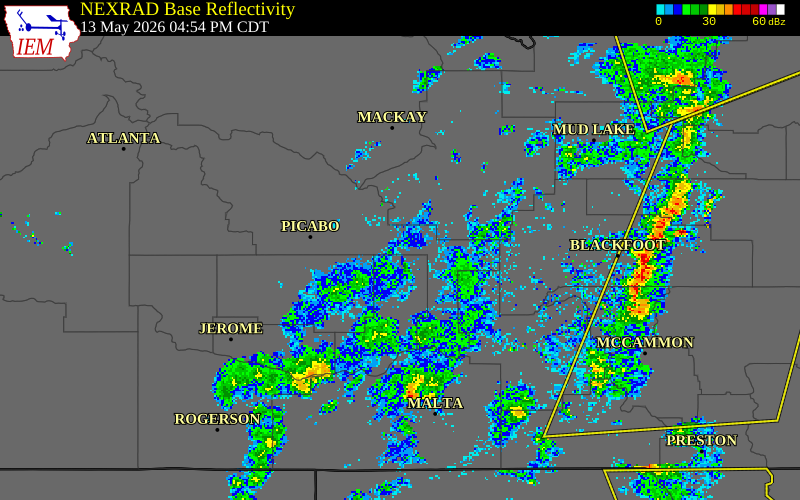 NEXRAD radar during the Wednesday, May 13, 2026 storm activity in Blaine County, Idaho