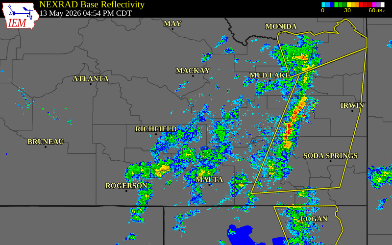 Radar snapshot during the May 13, 2026 wind event near 14 S Craters of Moon, Blaine County, Idaho, with NWS warning polygons
