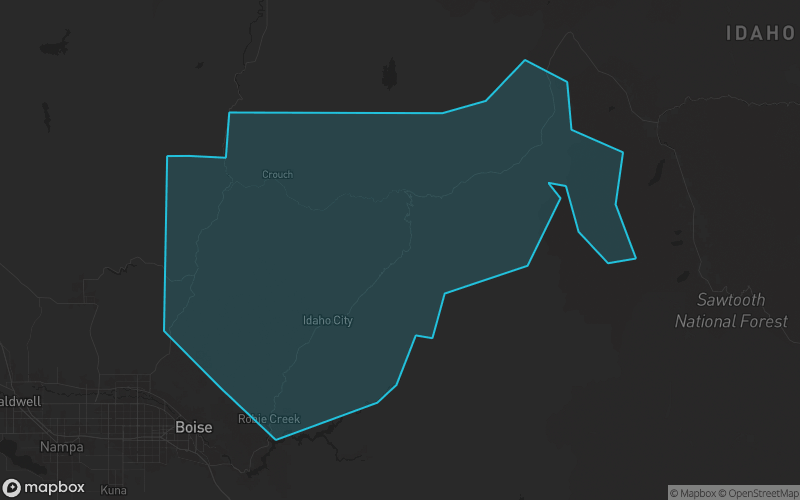 Map of Boise County, Idaho showing the county boundary and surrounding cities