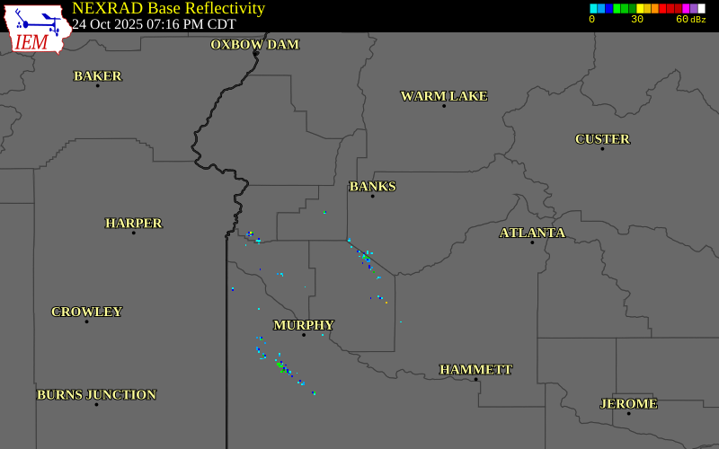 NEXRAD radar during the Friday, October 24, 2025 storm activity in Boise County, Idaho